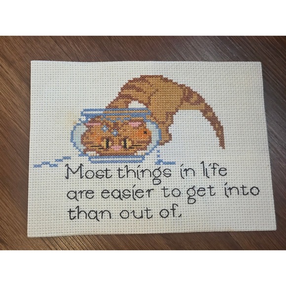 Handmade Other - Vintage Handmade Cat Cross Stitch Wall Art Humor 5x7 Ginger Tabby Unframed